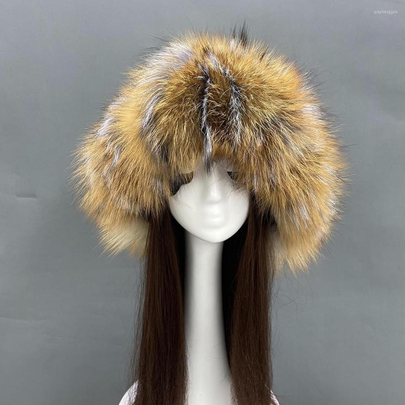 

Berets Fur Hat Russian Style Luxury Warm Cap Fluffy Raccoon With Earflaps Outdoor Bomber Winter Women's 2022, Gold fox