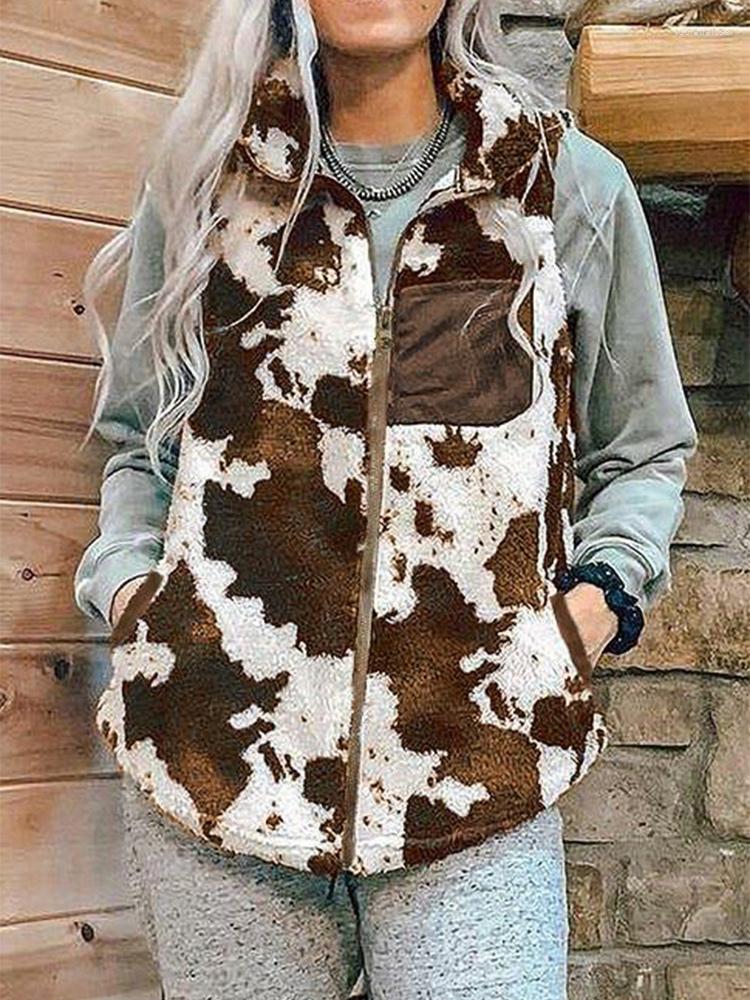 

Women' Vests Women Cow Print Vest With Pockets Zipper Plush Warm Sleeveless Coat Long Sleeve Top Soft Fleece Lapel Jackets Loose Coats
