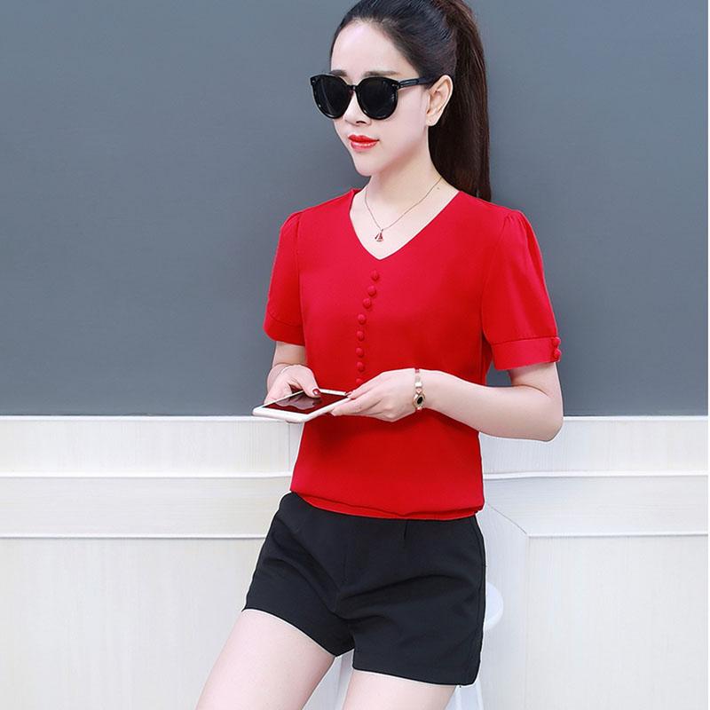 

Women's Blouses & Shirts Korean Style Women Spring Summer Chiffon Lady Casual Short Lantern Sleeve V-Neck Blusas Tops DF2779, White