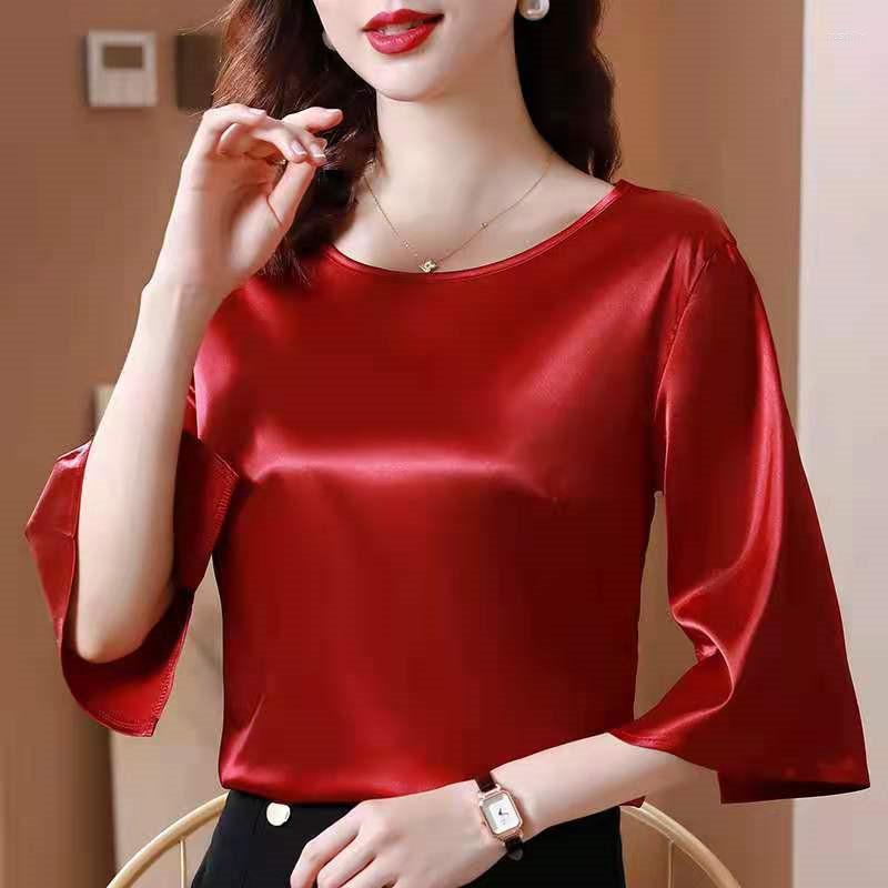 

Women's Blouses High-End Temperament Satin Women Shirts Elegant O-Neck Solid Color Ropa De Mujer Blusasa Stylish Tops MM0952, Red