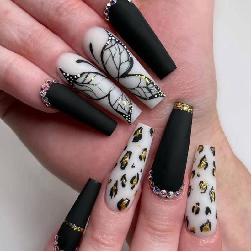 

False Nails 24Pcs Black Butterfly Coffin Nail With Gold Foil Designs French Ballerina Fake Full Cover Art Tips Press On, 05