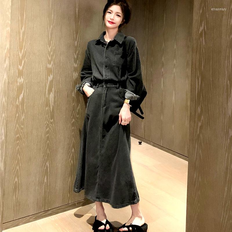 

Casual Dresses 2022 Denim Dress Small Number Of Design Sense Lazy Style Slim Waist Over Knee Joint, Gray