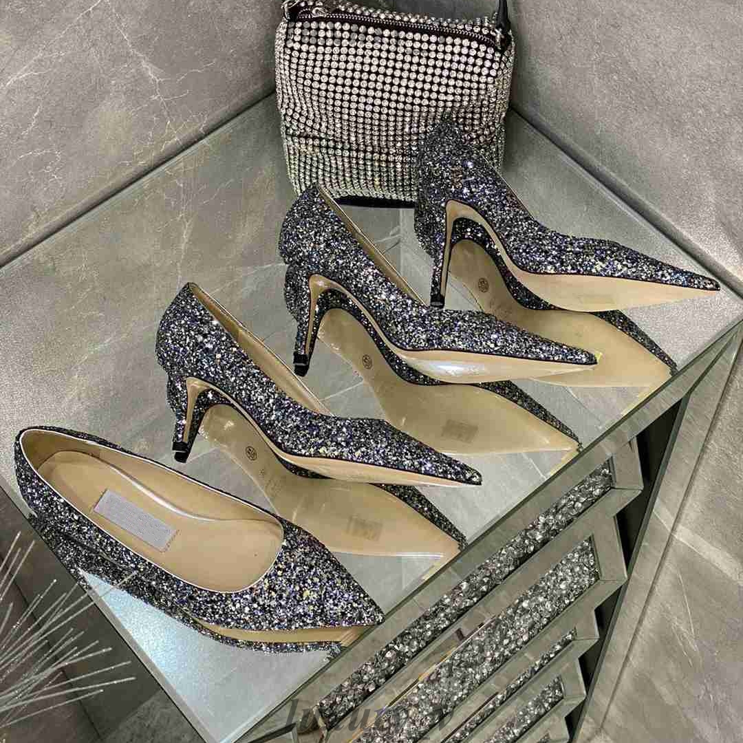 

Designer Dress Shoes Women Gradient Sandals Shiny Pointed Toe Pumps Gleam ROMY Love Glitter High Heels Lady Sexy Stiletto Wedding Shoes, Color 19