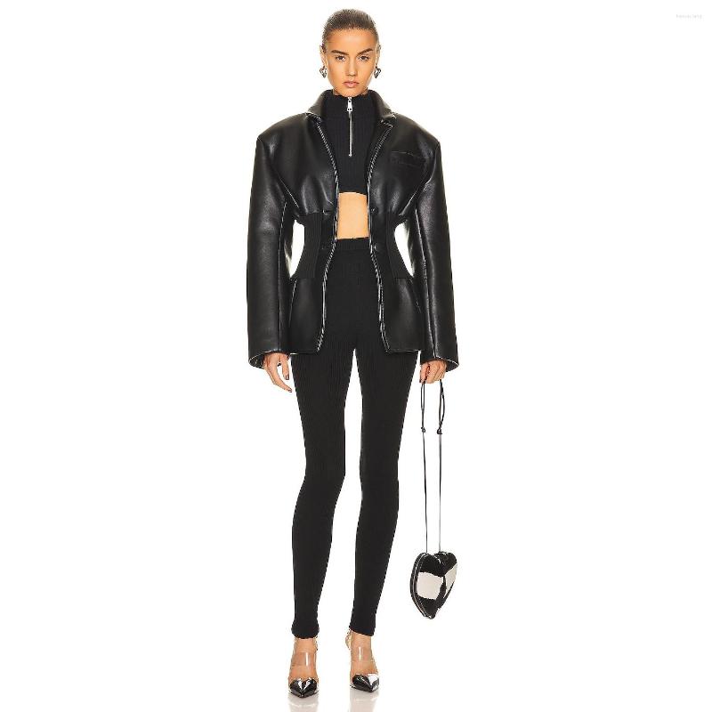 

Women' Leather Autumn And Winter Runway Models Three-dimensional Profile Knitted Stitching Super Thin Waist Girl Style Jacket Women, Black