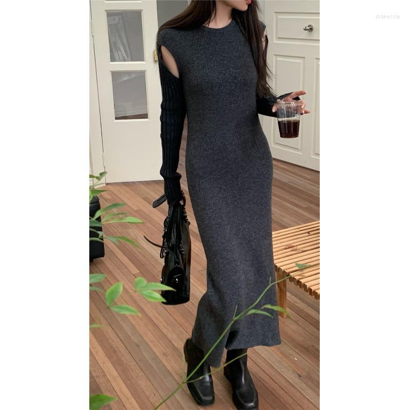 

Casual Dresses Korobov Hollow Out Design Splicing Knitwears Dress Female Autumn Winter Slim Pullovers French Vintage Vestidos De Mujer, Grey