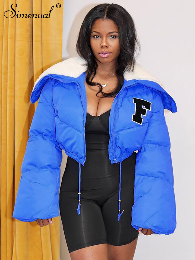 

Women s Down Parkas Simenual White Turn down Collar Jacket Women Letter Embroidery FlareLongSleeve Short Coat Drawstring Leisure Overcoat 221208