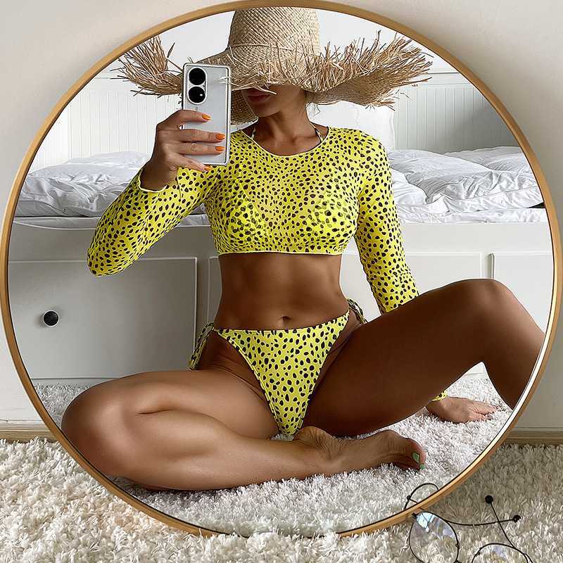 

Swim Wear 2022 Women Leopard Long Sleeve Bikini Set Sexy 3 Piece Swimsuits Push-Up Split Summer Bathing Suit Beach Tops Baadore Mujer T221208