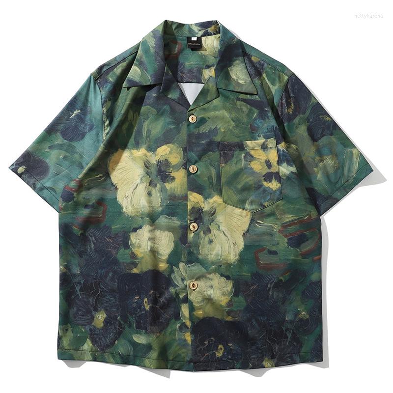 

Men's Casual Shirts Men Harajuku Streetwear Shirt Hand Paint Full Printed Hawaiian Summer Hip Hop Fashion Short Sleeve Beach Blouse, Green