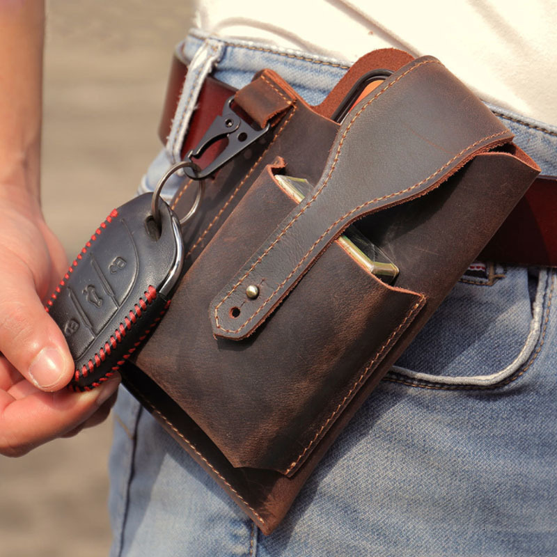 

Waist Bags Crazy Horse Genuine Leather Packs Men Casual Small Fanny Pack Belt Loops Hip Bum Phone Pouch Purses 221208, Brown