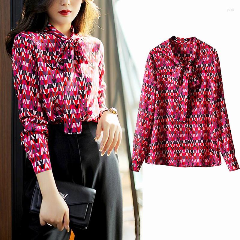 

Women's Blouses Fashion Elegant Ladies Chic Bow Collar Full Sleeve Print Shirt Women Tops Spring Chiffon Silk Shirts SL496, Multi