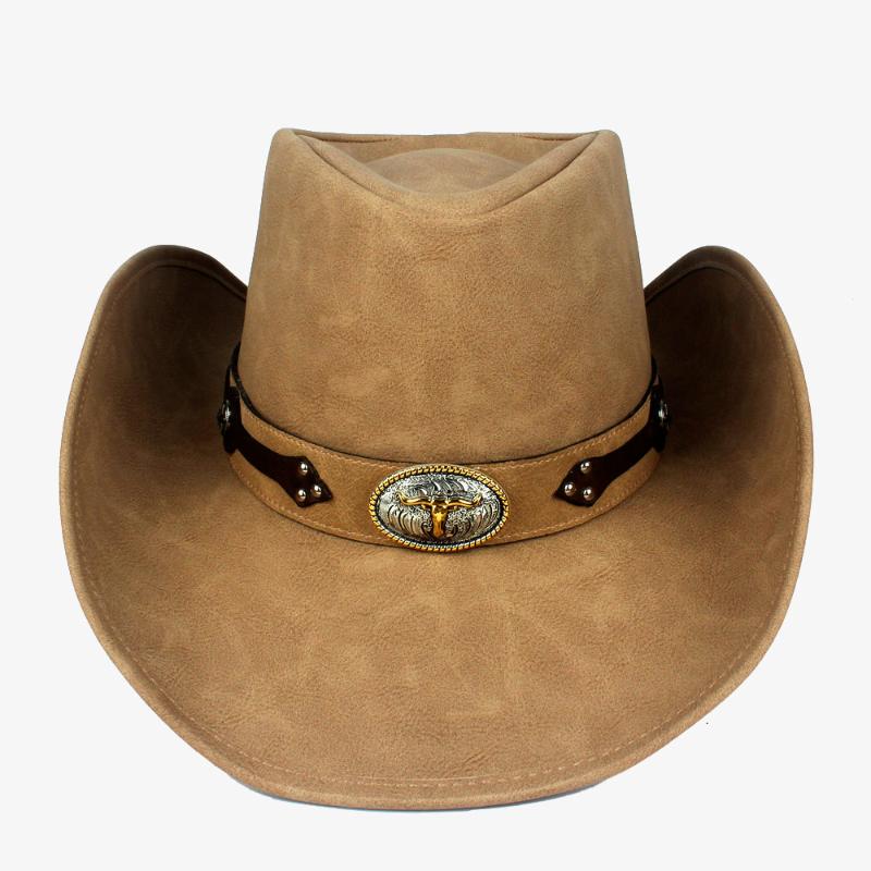 

Berets Leather Men Women Western Cowboy Hat For Gentleman Dad Fedora Cowgirl Sombrero Hombre Jazz Caps With Bull Band Size 58-59CM, Khkai