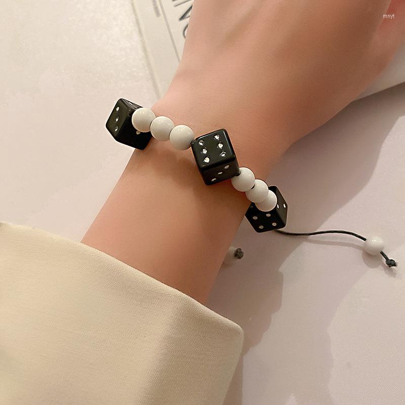 

Strand SRCOI Hip Hop Black Square Acrylic Dice Beaded Bracelet White Resin Ball Thread String Rope Bracelets Bunco Adjustable Jewelry