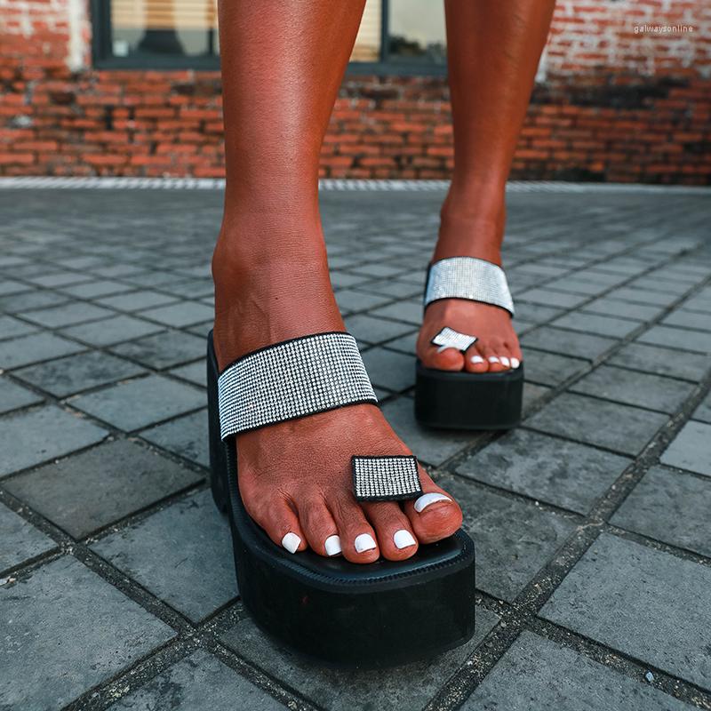 

Slippers Wedges Square Toe Platform Rhinestone Women's Size 35-43 Summer Gladiator Women Shoes Flip Flops High Heels Slides Sexy, Black
