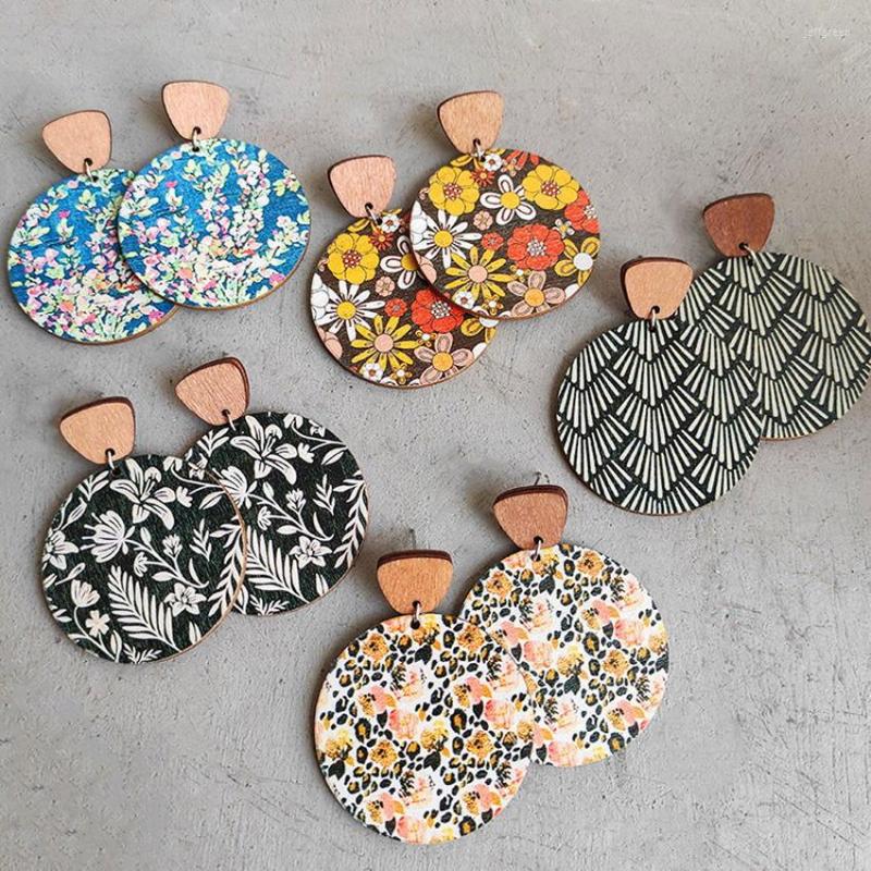 

Dangle Earrings Large Round Wood Disc Summer Floral Design Statement For Women Flower And Leaves Print