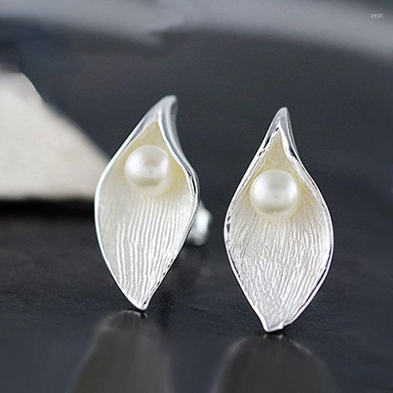 

Stud Earrings S925 Sterling Silver Female Ethnic Style Literary Temperament Leaf Freshwater Pearl Handmade Jewelry