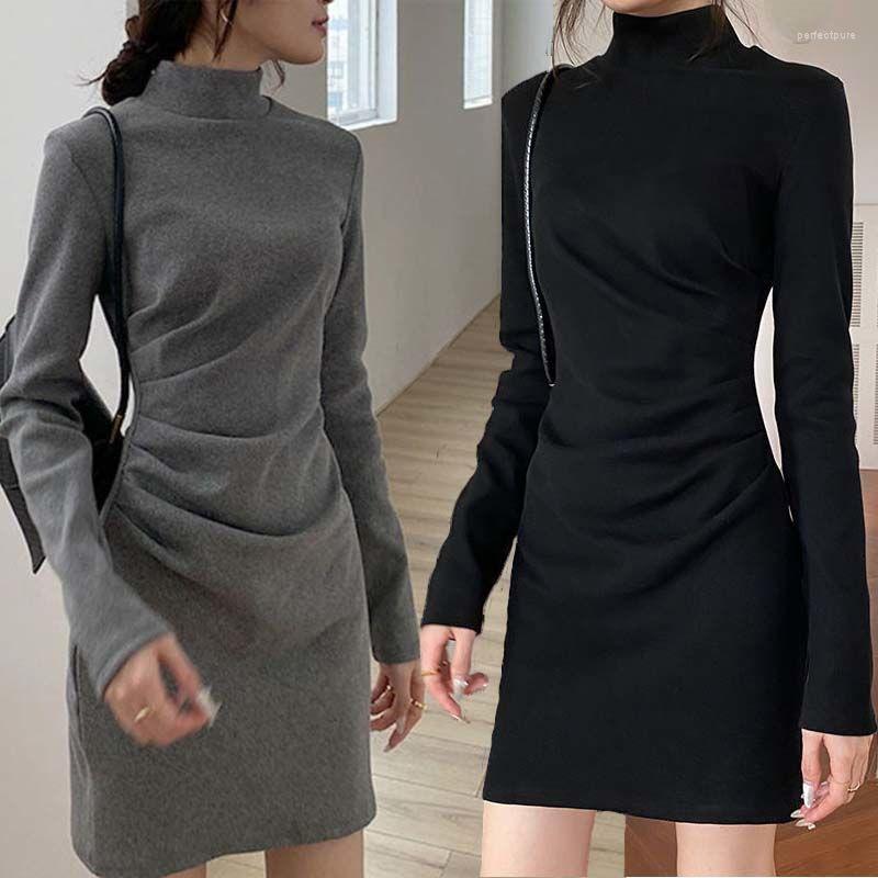 

Casual Dresses Long Sleeve Dress Women Turtleneck Pleated Mini Slim Stretchy Solid Simple Fashion All-match Bottoming Shirt 922T08, Black