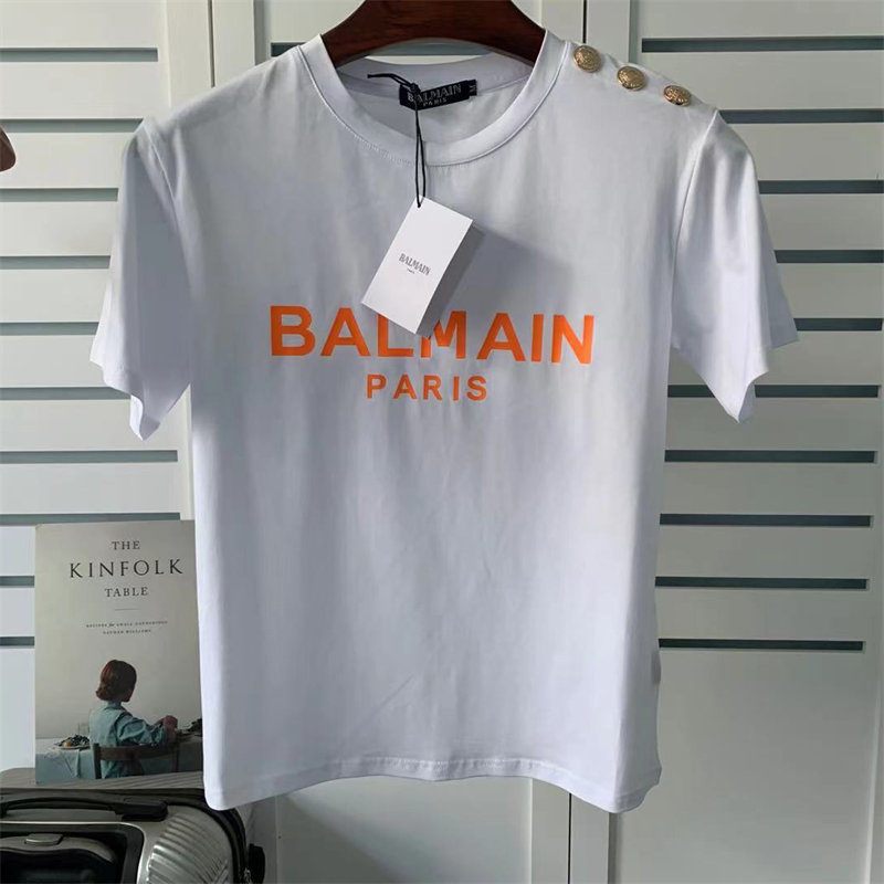 

Balmain Mens Fashion Brand T Shirt Womens Round Neck Print Gold Buckle White Tees Designer Size S-XL