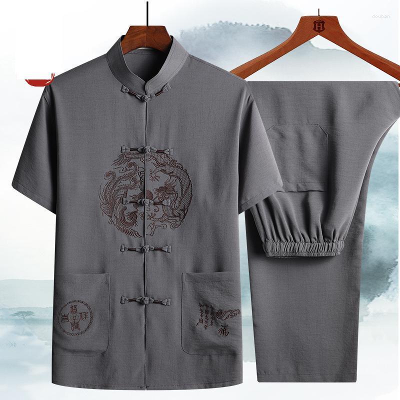 

Ethnic Clothing Cotton Linen Summer Men Tai Chi Embroidery Tang Suit Male Shirt And Pants Hanfu Casual Uniforms