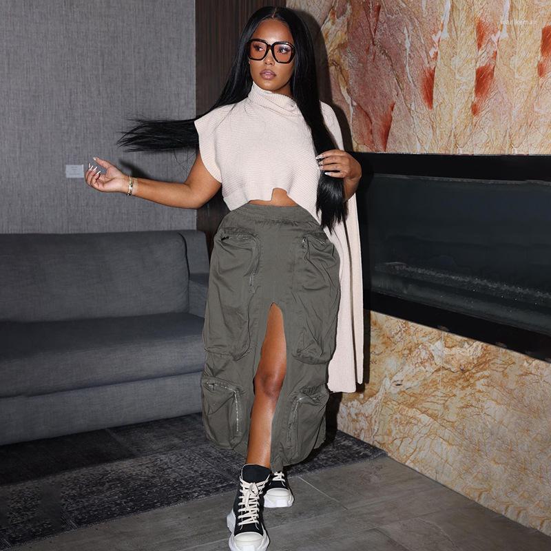 

Skirts Women Casual Harajuku Cargo Skirt Big Zipper Pockets Elastic High Waist Loose Y2K 2022 Autumn Female Petticoat, Gray