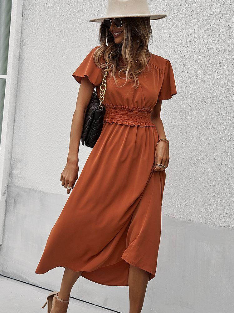 

Party Dresses Ladies Vintage Solid Summer Dress Women Casual Elastic Waist Slim Beach Long Sundress Robe Vestidos Female, Orange