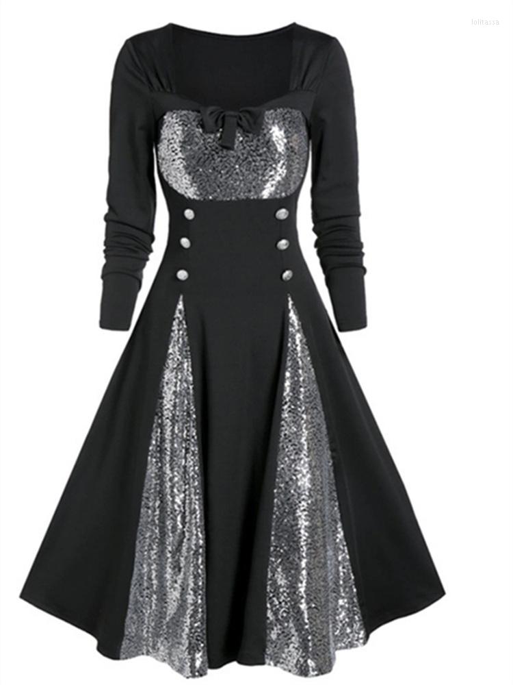 

Casual Dresses Gothic Women Long Sleeve Lace Dress 2022 Panel Neck Big Swing Vintage Rockabilly Club Slim High Waist Party, Green