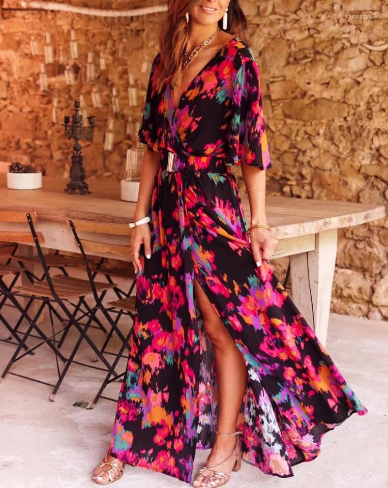 

Casual Dresses Women' Summer 2022 Sexy Allover Print Bell Sleeve High Slit Maxi Dress V-Neck Boho Wrap Sundress Robe