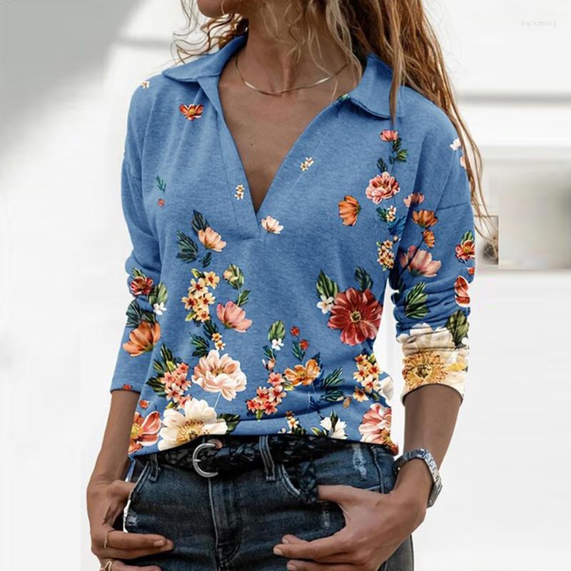 

Women' T Shirts Ladies Fashion Tops Slim Long Sleeve Retro Shirt Lapel Deep-V Sexy Autumn Clothes Flower Print Women T-shirts, 08
