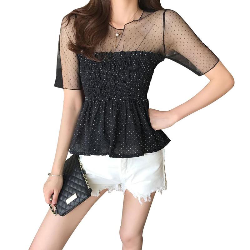 

Women's Blouses & Shirts Fashion Women Blouse Casual Stylish Ruffled Hem Tulle Patchwork Dot Pleated Lace Female Shirt Top, Black