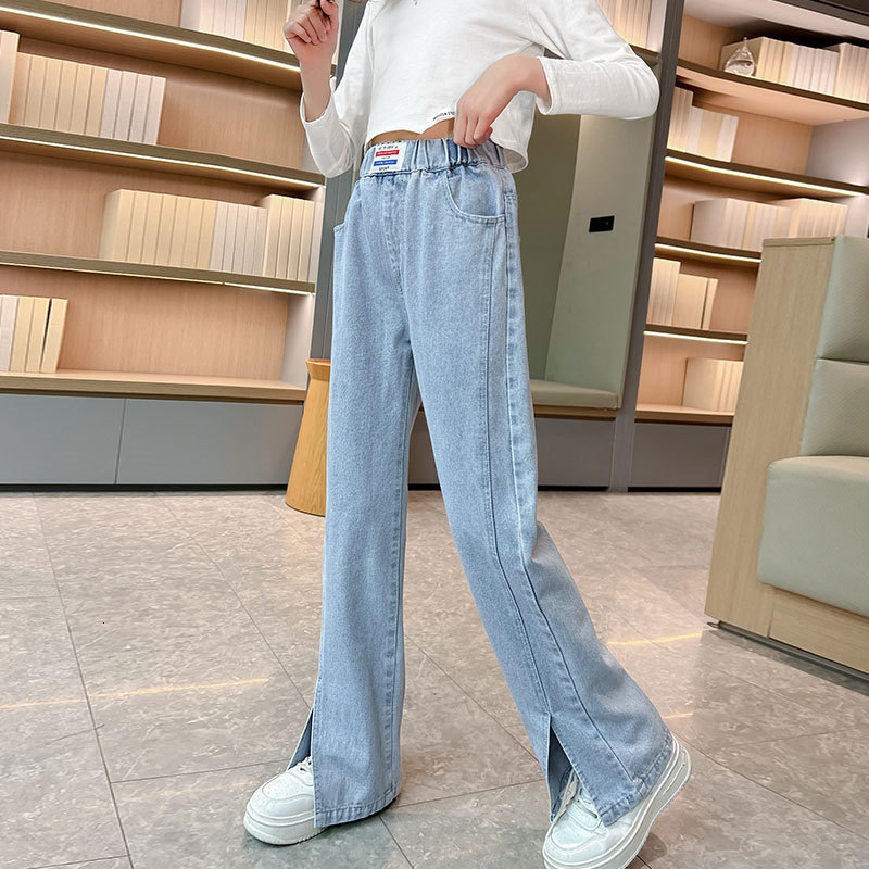 

Trousers Teenage Girls Jeans Spring Fall Elastic Waist Streetwear Children Split Wide Leg Pants Kids School Denim 5 14Years 221207, Blue