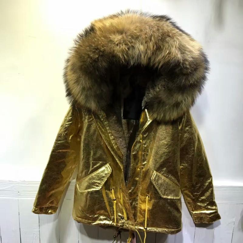 

Women's Fur & Faux Leather Jacket Ladies Natural Raccoon Hoodies With Rex Coat And, Gold