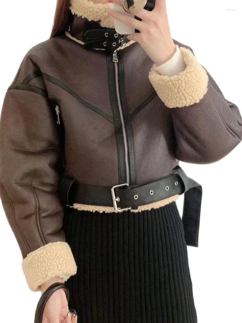 

Women's Leather 2023 Winter Women Fashion Faux Lamb Fur Short Jackets With Belt Lady Motor Biker Thick Warm Sheepskin Coats Chic Top, Lhx21192 brown
