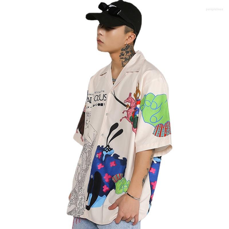 

Men' Casual Shirts Menswear 2022 Summer Loose Cardigan Short Sleeve Print Vintage Shirt, Apricot