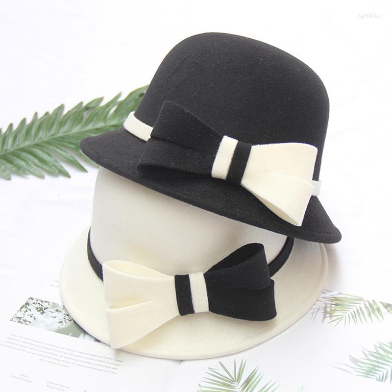 

Berets Wool Fedora Hat For Women Retro Felt Winter Ladies Black Hats Sombreros Bow Fedoras Bucket, A cream white