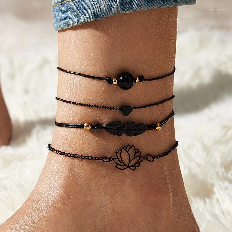 

Anklets 4pcs/set Retro Ethnic Style Hand-weave Black Rope Chain Anklet Geometric Leaves Beads Heart On Leg For Women Foot Jewelry