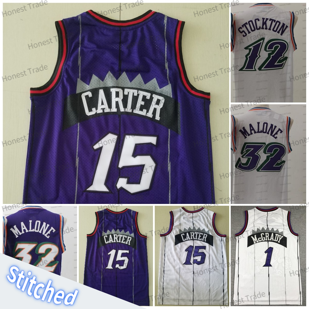 

Retro 15 Vince Carter Basketball Jersey 32 Karl McGrady Malone 12 John Stockton Purple White Throwback Mens Basketball Jerseys Stitched Breathable, Men jersey