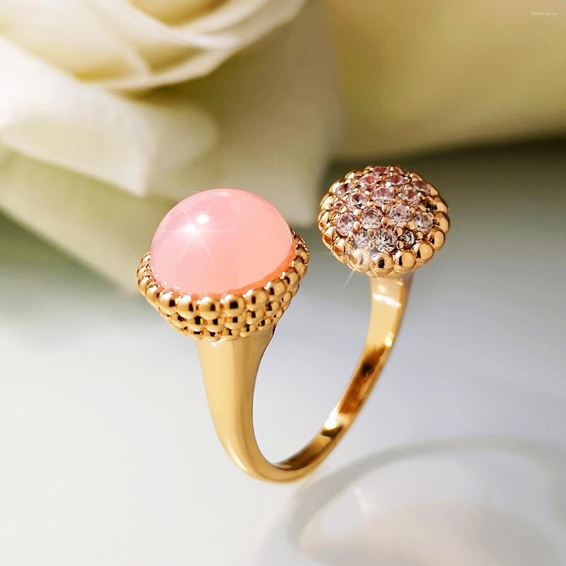 

Wedding Rings Luxury Female Blue Pink Jade Ring Classic Gold Color Open Engagement Cute Bride White Zircon For Women