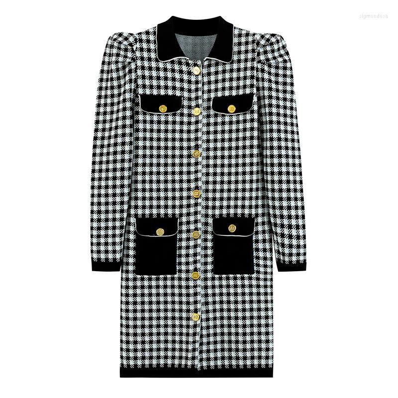 

Casual Dresses 2022 Autumn/winter Lapel Houndstooth High Waist Midi Dress Women Elegant Vintage Puff Sleeve Knit Brand Clothes, Dark grey