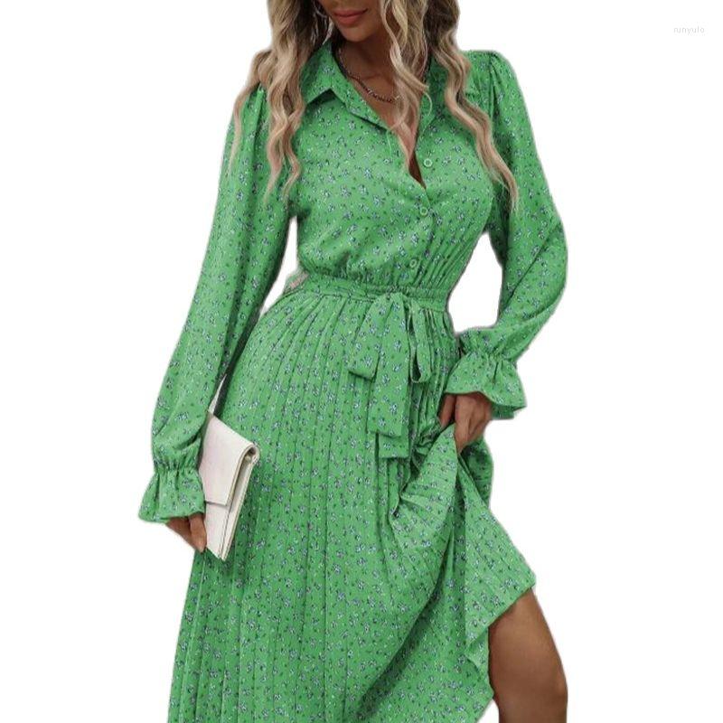 

Casual Dresses 2022 Women Printed Flowers Dress Lace Up Long Sleeves Spring Fold Autumn 3 Colors Drop, Black