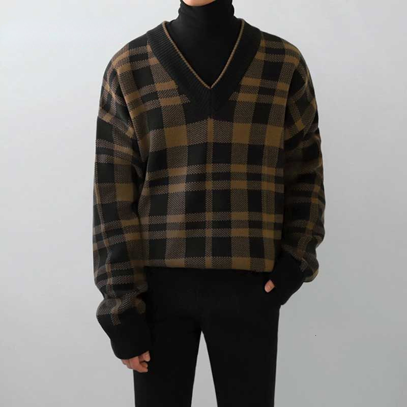 

Men's Sweaters Korean Fashion Vintage V neck Plaid Male Autumn and Winter Casual Loose Knitted for Men Pullover 221207, Sky blue