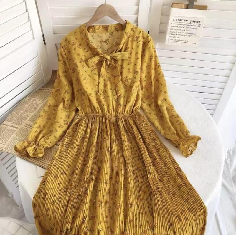 

Casual Dresses Korean Dress Women 2022 Spring Autumn Sweet Floral Bow Stand Collar Trumpet Sleeve Pleated Waist Slim Chiffon, Blue