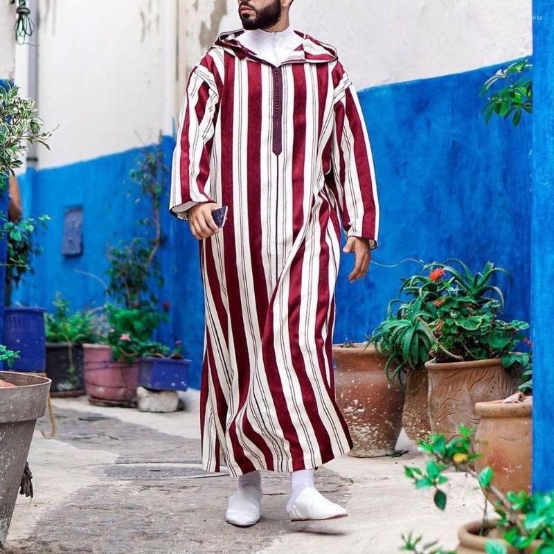 

Ethnic Clothing National Style Men's 2022 Autumn Color Matching Striped Long Muslim Robe Hoodie Vintage Patchwork Arabic Clothes
