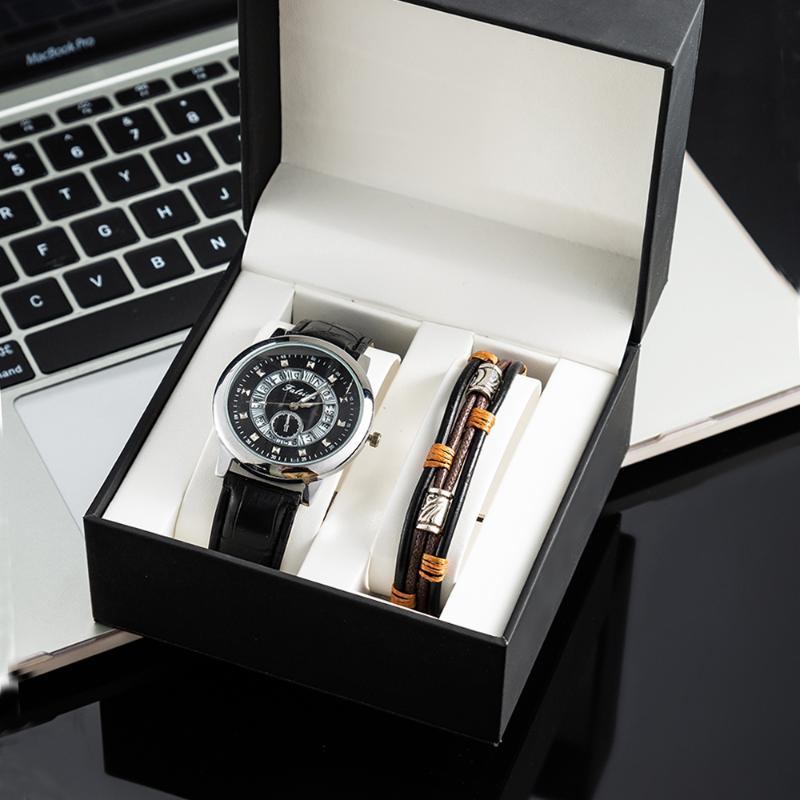 

Wristwatches 2Pcs Leather Bracelet Watches For Men Business Design Man Quartz-watches And Cow Bracelets With Watch Box High Quality, Black gold no box