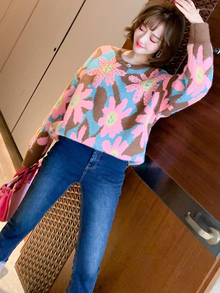 

Women' Tracksuits Thread Round Neck Loose Flower Jacquard Inlaid With Diamond Soft Waxy Knitted Sweater For Women Winter High Quality, Multi
