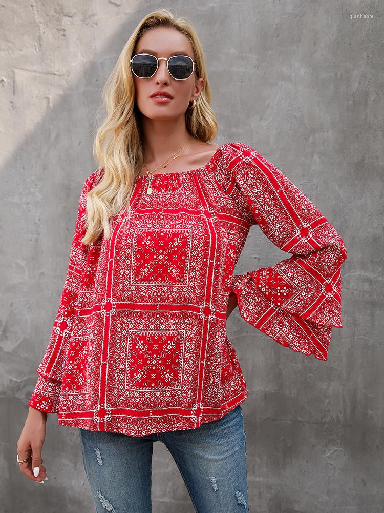 

Women's Blouses Print Off Shoulder For Women Fashion Sexy Slash Neck Flare Long Sleeve Streetwear Casual Shirts Elegant Tops, Blue