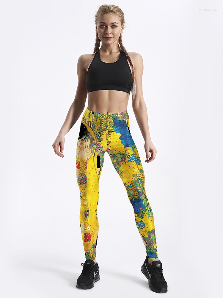 

Women' Leggings 12% Spandex Sexy Workout Yellow Women Strength Printed Love Retro Painting Push Up Pants