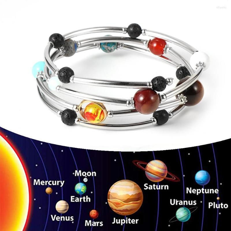 

Strand Women Girls Layers Copper Tube Beads Natural Stone Universe 8 Planets Bracelets Colorful Galaxy Solar System Beaded Wristbands