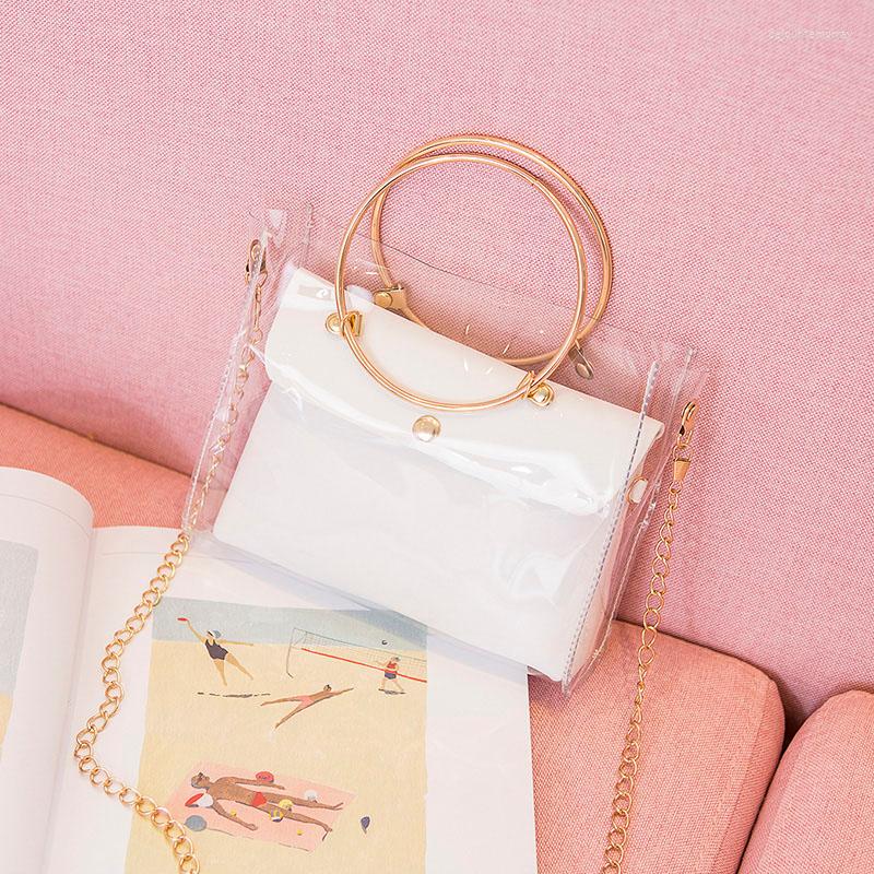 

Evening Bags Women PVC Transparent Square Bag Clear Satchel Crossbody Chain Small Jelly Ring Handle Handbags UND Sale, White