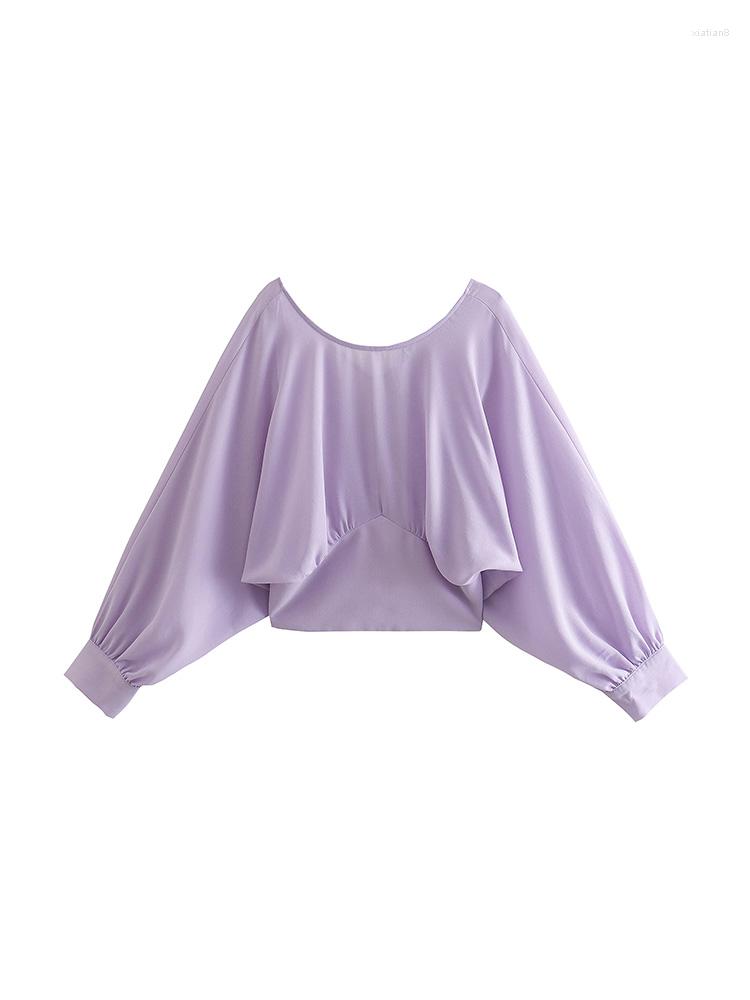 

Women's Blouses Tops Women 2022 Long Batwing Sleeve Elegant Lightweight Chiffon Blouse Top Womens Round Neck V Back Fitted Waist Cropped, Lavender