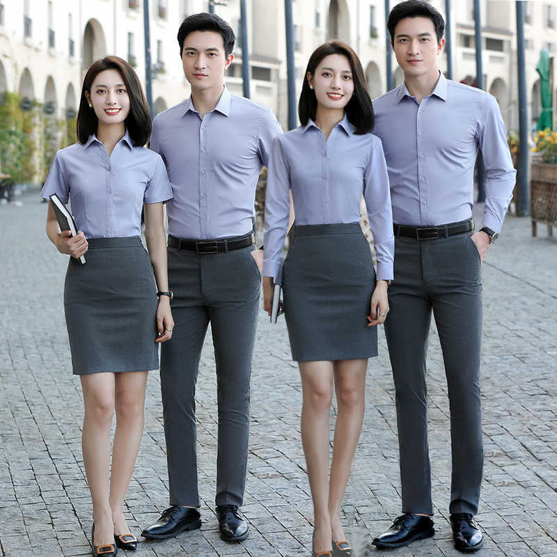 

Work Clothes Profional Formal Long Short Sleeved Men' and Women' Same V-neck Shirt Embroidery Company Office Inch Clothing Women, Short sleeved men's white shirt