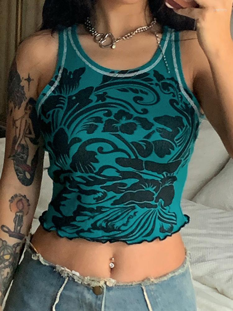 

Women' Tanks SEASONS Vintage Knit Floral Print Sleeveless Skinny Crop Tops Casual Stitching Women Vest Y2k Aesthetic Grunge ASVE86168, Blue